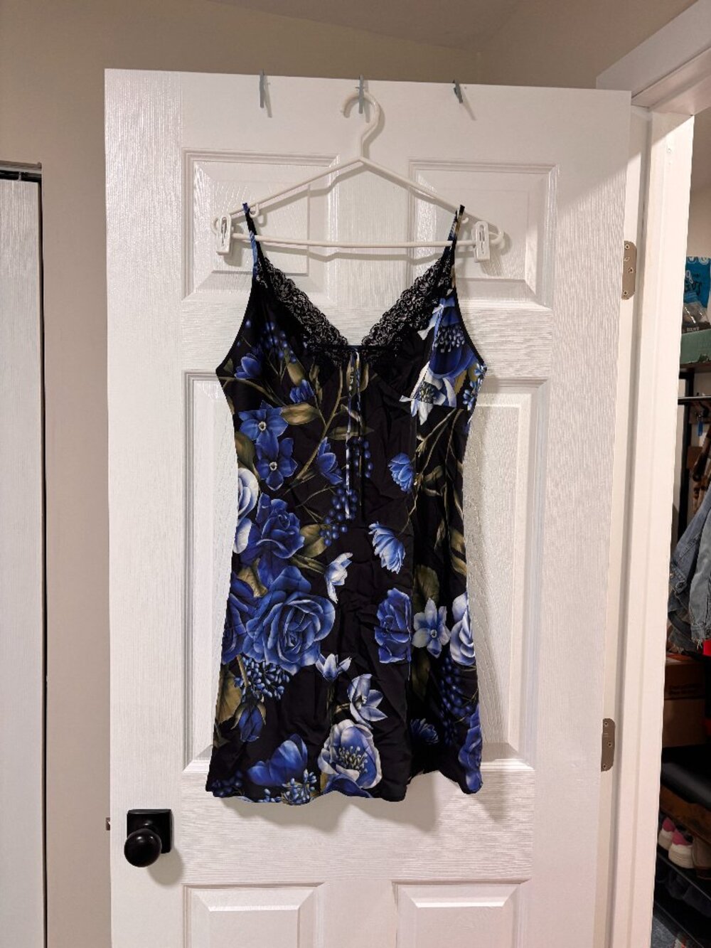 Vintage Blue Floral Satin Slip Dress | Lace Trim | Lingerie Nightgown (Large)